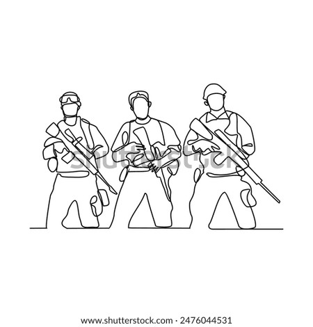 One continuous line drawing of soldiers holding weapons during war drills in a training camp vector design illustration. Soldier training activity illustration in simple linear style vector design.