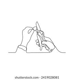 One continuous line drawing of someone who is gardening in his field by harvesting fruit, cleaning weeds and watering the plants vector illustration. Gardening activity illustration in simple linear.