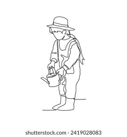 One continuous line drawing of someone who is gardening in his field by harvesting fruit, cleaning weeds and watering the plants vector illustration. Gardening activity illustration in simple linear.