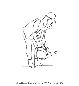 One continuous line drawing of someone who is gardening in his field by harvesting fruit, cleaning weeds and watering the plants vector illustration. Gardening activity illustration in simple linear.
