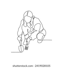 One continuous line drawing of someone who is gardening in his field by harvesting fruit, cleaning weeds and watering the plants vector illustration. Gardening activity illustration in simple linear.