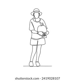 One continuous line drawing of someone who is gardening in his field by harvesting fruit, cleaning weeds and watering the plants vector illustration. Gardening activity illustration in simple linear.