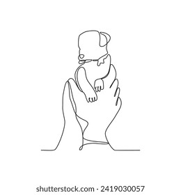 One continuous line drawing of someone is playing with their pet by hugging and carrying it as vector illustration. Playing with pets activity illustration in simple linear style vector concept.