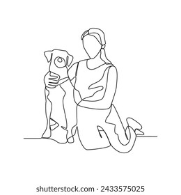 One continuous line drawing of someone is playing with their pet by hugging and carrying it as vector illustration. Playing with pets activity illustration in simple linear style vector concept.