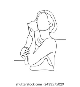 One continuous line drawing of someone is playing with their pet by hugging and carrying it as vector illustration. Playing with pets activity illustration in simple linear style vector concept.
