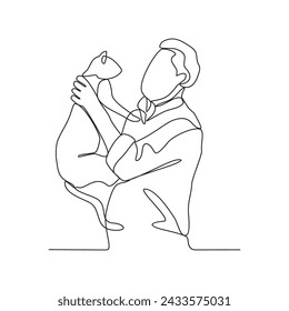 One continuous line drawing of someone is playing with their pet by hugging and carrying it as vector illustration. Playing with pets activity illustration in simple linear style vector concept.