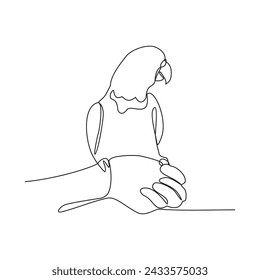 One continuous line drawing of someone is playing with their pet by hugging and carrying it as vector illustration. Playing with pets activity illustration in simple linear style vector concept.