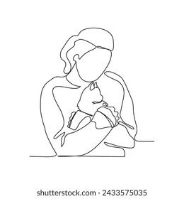 One continuous line drawing of someone is playing with their pet by hugging and carrying it as vector illustration. Playing with pets activity illustration in simple linear style vector concept.