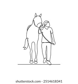 One continuous line drawing of 
someone is leading his horse vector illustration. Animal themes design concept in simple linear style vector. Good asset for educational presentation animal purpose.