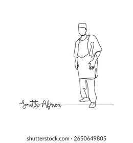 One continuous line drawing of South Africa signature themes design vector illustration. South Africa national clothes in simple linear style concept. Good design for tourism and travel campaign. 