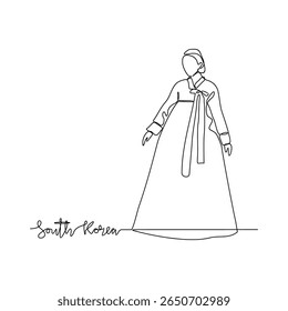 Um desenho de linha contínua de temas de assinatura da Coreia do Sul design ilustração vetorial. Coreia do Sul roupas nacionais em estilo linear simples vetor conceito. Bom design para turismo e campanha de viagens.