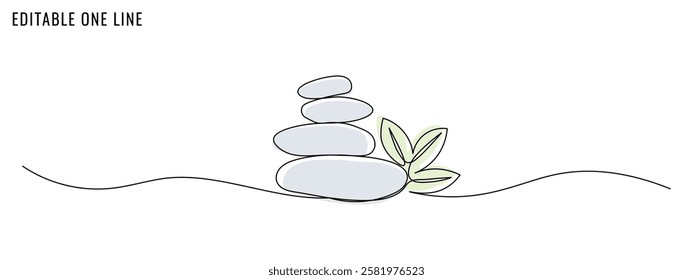 One continuous line drawing of spa stones. Concept of spa relaxation. Editable stroke, vector illustration
