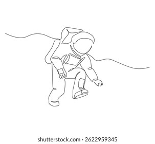 One continuous line drawing of space astronaut . single line illustration of spaceman. International day of human space flight. editable outline