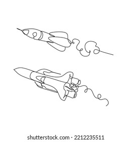 One continuous line drawing of spacecraft. Vector illustration. Rocket space ship launch. Spacecraft one line background.