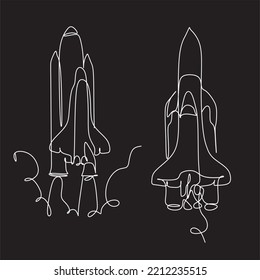 One continuous line drawing of spacecraft. Vector illustration. Rocket space ship launch. Spacecraft one line background.
