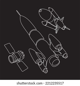 One continuous line drawing of spacecraft. Vector illustration. Rocket space ship launch. Spacecraft one line background.