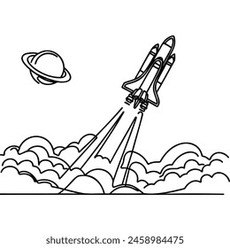 Eine durchgehende Linienzeichnung von Raumfahrzeugen. Vektorillustration