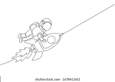 One continuous line drawing spaceman astronaut science discovering cosmos galactic while holding rocket. Cosmonaut at outer space concept. Dynamic single line draw design graphic vector illustration