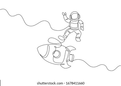 One continuous line drawing of spaceman astronaut science discovering cosmos galactic with rocket. Cosmonaut exploration of outer space concept. Dynamic single line draw design vector illustration