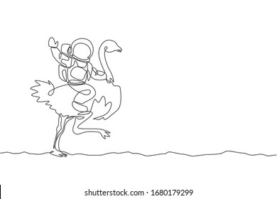 One continuous line drawing of spaceman take a walk riding an ostrich, fastest animal in moon surface. Deep space safari journey concept. Dynamic single line draw design graphic vector illustration