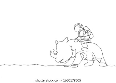 One continuous line drawing of spaceman take a walk riding a rhinoceros, wild animal in moon surface. Deep space safari journey concept. Dynamic single line draw graphic design vector illustration