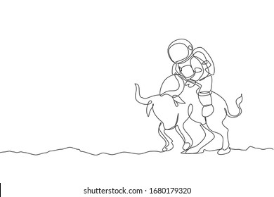 One continuous line drawing of spaceman take a walk riding an angry bull, wild animal in moon surface. Deep space safari journey concept. Dynamic single line draw graphic design vector illustration