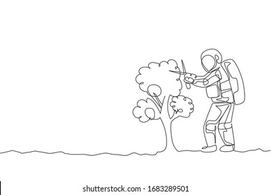 One continuous line drawing of spaceman cutting tree leaf using gardening scissor in moon surface. Deep space gardening astronaut concept. Dynamic single line draw design graphic vector illustration