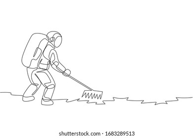 One continuous line drawing of spaceman leveling and flattening land using metal rake in moon surface. Deep space farming astronaut concept. Dynamic single line draw design vector illustration graphic