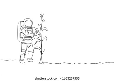 One continuous line drawing of spaceman picking sweet corn from plant in moon surface. Deep space farming astronaut concept. Dynamic single line draw graphic design vector illustration