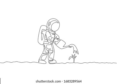 Dibujo continuo de un árbol de plantas de riego espacial utilizando latas de riego metálico en la superficie de la luna. Concepto de astronauta de la agricultura espacial profunda. Ilustración vectorial de diseño de línea única dinámica