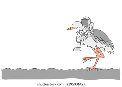 One continuous line drawing of spaceman take a walk riding a heron bird, wild animal in moon surface. Deep space safari journey concept. Dynamic single line draw graphic design vector illustration
