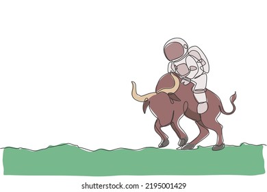 One continuous line drawing of spaceman take a walk riding an angry bull, wild animal in moon surface. Deep space safari journey concept. Dynamic single line draw graphic design vector illustration