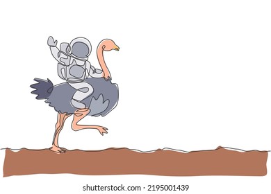 One continuous line drawing of spaceman take a walk riding an ostrich, fastest animal in moon surface. Deep space safari journey concept. Dynamic single line draw design graphic vector illustration