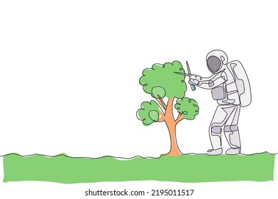 One continuous line drawing of spaceman cutting tree leaf using gardening scissor in moon surface. Deep space gardening astronaut concept. Dynamic single line draw design graphic vector illustration