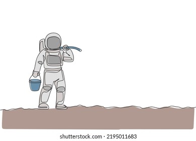 One continuous line drawing of spaceman carrying bucket and hoe on shoulder while walking in moon surface. Deep space farming astronaut concept. Dynamic single line draw design vector illustration