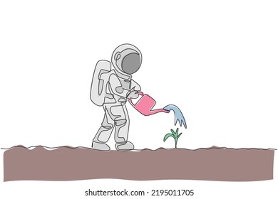 One continuous line drawing of spaceman watering plant tree using metal watering can in moon surface. Deep space farming astronaut concept. Dynamic single line draw graphic design vector illustration