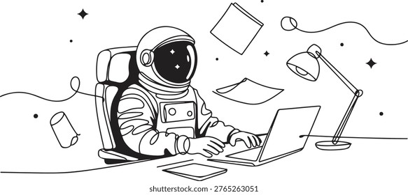 One continuous line drawing spaceman on spacesuit siting on chair while typing in laptop. Astronaut business office with deep space concept One line draw graphic design vector
