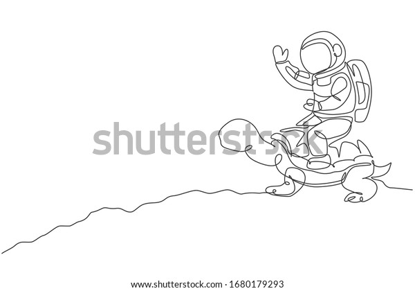 One continuous line drawing of spaceman take a\
walk riding a tortoise and waving hand in moon surface. Deep space\
safari journey concept. Dynamic single line draw design vector\
illustration graphic