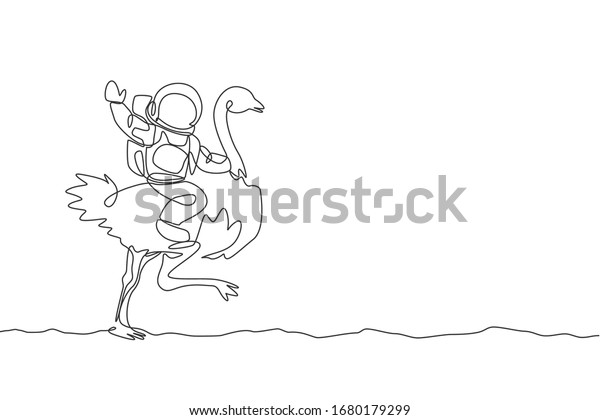 One continuous line drawing of spaceman take
a walk riding an ostrich, fastest animal in moon surface. Deep
space safari journey concept. Dynamic single line draw design
graphic vector
illustration