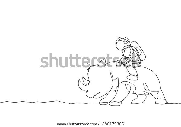 One continuous line drawing of spaceman take
a walk riding a rhinoceros, wild animal in moon surface. Deep space
safari journey concept. Dynamic single line draw graphic design
vector illustration