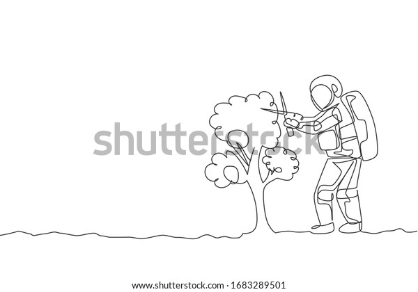 One continuous line drawing of spaceman\
cutting tree leaf using gardening scissor in moon surface. Deep\
space gardening astronaut concept. Dynamic single line draw design\
graphic vector\
illustration