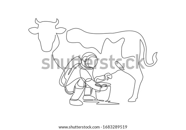 One continuous line drawing of spaceman
astronaut squat down milking cow and put into milk can bucket in
moon surface. Deep space farming astronaut concept. Single line
draw design vector
illustration