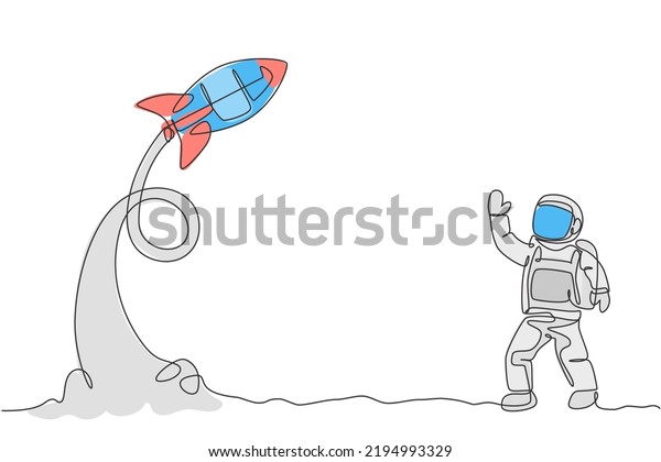 One continuous line drawing of spaceman\
astronaut science at moon land waving hand to take off rocket.\
Cosmonaut exploration of outer space concept. Dynamic single line\
draw design vector\
illustration