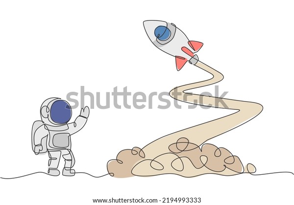 One continuous line drawing of spaceman\
astronaut science on moon waving hand to launching rocket.\
Cosmonaut exploration of outer space concept. Dynamic single line\
draw design vector\
illustration