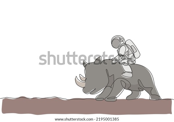 One continuous line drawing of spaceman take
a walk riding a rhinoceros, wild animal in moon surface. Deep space
safari journey concept. Dynamic single line draw graphic design
vector illustration