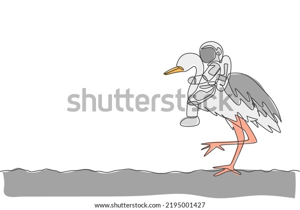 One continuous line drawing of spaceman take\
a walk riding a heron bird, wild animal in moon surface. Deep space\
safari journey concept. Dynamic single line draw graphic design\
vector illustration