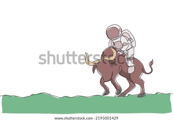 One continuous line drawing of spaceman take
a walk riding an angry bull, wild animal in moon surface. Deep
space safari journey concept. Dynamic single line draw graphic
design vector illustration
