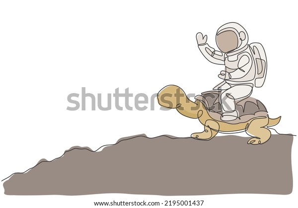 One continuous line drawing of spaceman take a
walk riding a tortoise and waving hand in moon surface. Deep space
safari journey concept. Dynamic single line draw design vector
illustration graphic