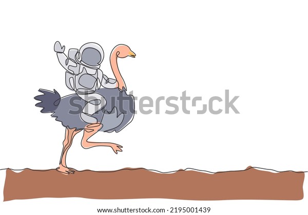 One continuous line drawing of spaceman take\
a walk riding an ostrich, fastest animal in moon surface. Deep\
space safari journey concept. Dynamic single line draw design\
graphic vector\
illustration
