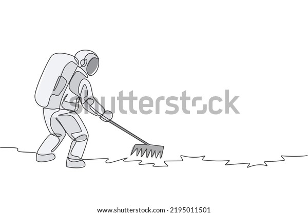 One continuous line drawing of spaceman leveling\
and flattening land using metal rake in moon surface. Deep space\
farming astronaut concept. Dynamic single line draw design vector\
illustration graphic